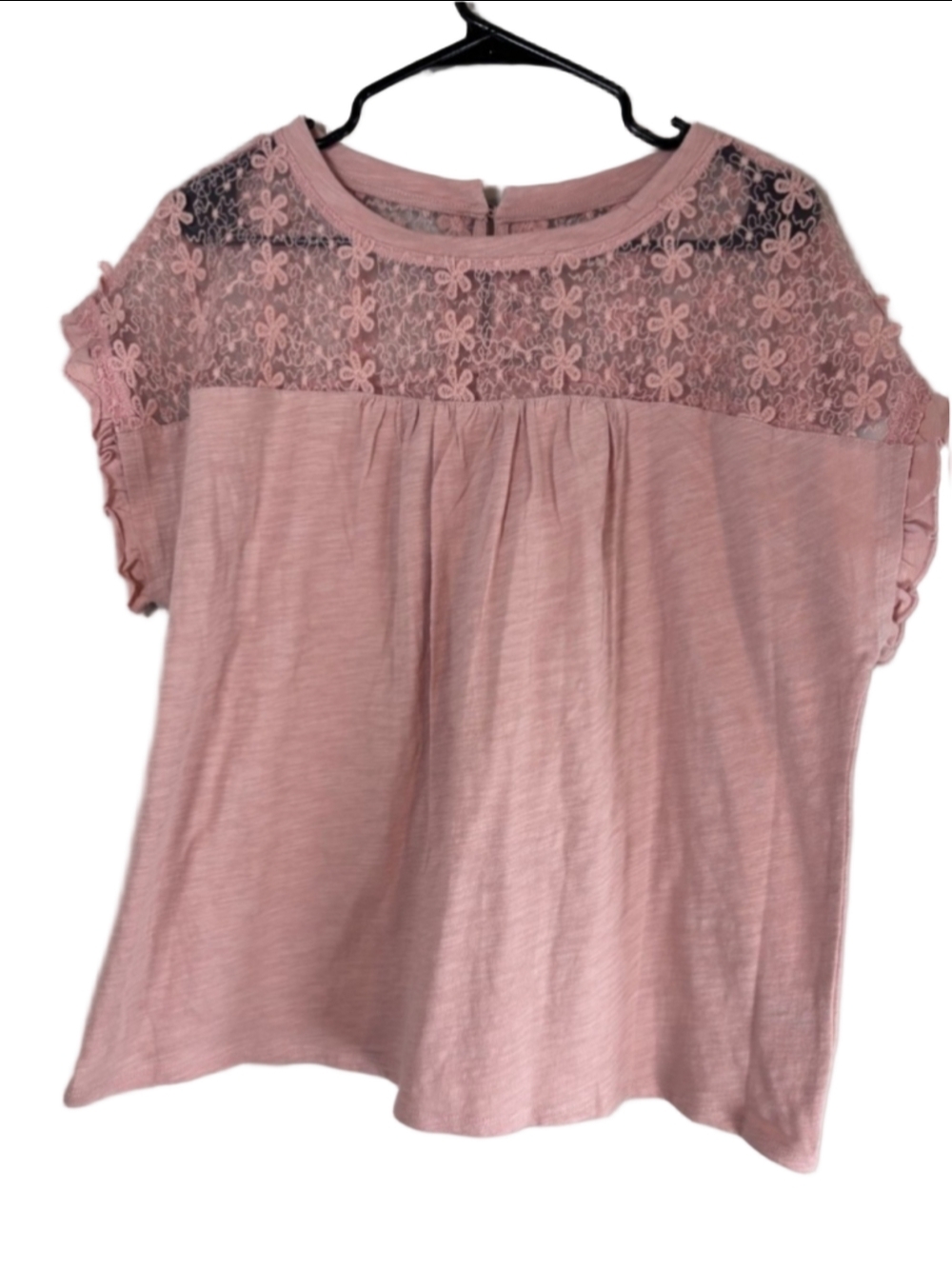 Everleigh Womens Pink Lace Yoke Ruffle Sleeve Knit Floral Boho
